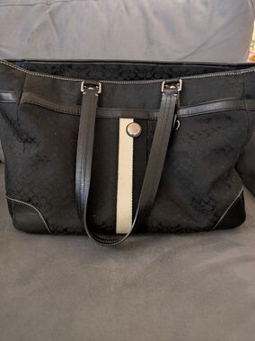 Coach Black Voyager Tote with Ivory Center Stripe Diaper Bag Tote